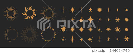 Celestial boho set sun, moon, stars minimal golden line. Collection elegant geometric abstract design elements gold magic, and spiritual designs for decoration. Celestial boho set sun, moon, stars minimal golden line. Collection elegant geometric abstract design elements gold magic, and spiritual designs for decoration. 144024740
