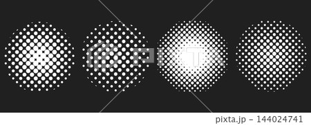 Pop art halftone circle set with radial dot pattern creating dynamic gradient effect and retro comic, pop art texture in black and white tones. Vintage geometric radial design. Pop art halftone circle set with radial dot pattern creating dynamic gradient effect and retro comic, pop art texture in black and white tones. Vintage geometric radial design. 144024741