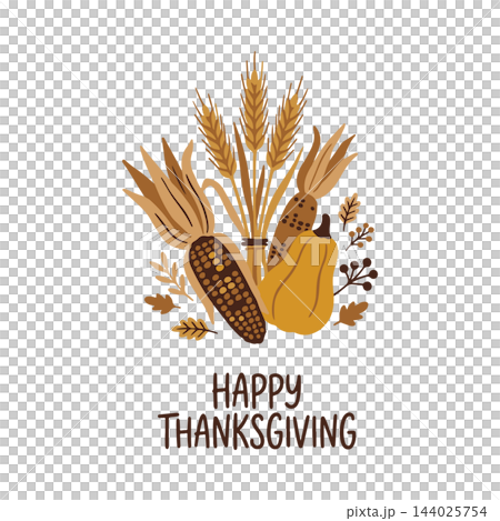 Minimalist Thanksgiving harvest illustration with corn, squash, wheat, and small leaves. Features "Happy Thanksgiving" lettering. Use for autumn greeting cards, festive posters, and holiday banners. Minimalist Thanksgiving harvest illustration with corn, squash, wheat, and small leaves. Features "Happy Thanksgiving" lettering. Use for autumn greeting cards, festive posters, and holiday banners. 144025754