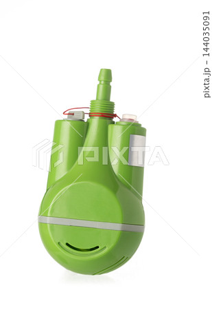 Green portable rechargeable shower pump for camping and outdoor hygiene isolated on white background  144035091