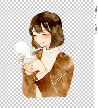 年輕女子正在喝熱飲——手繪水彩插圖 144038670
