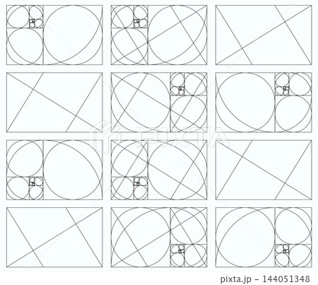 Golden ratio black frames. Fibonacci array, numbers layout. Harmony proportions grid. Method golden section shape. Outline graphic illustration. 144051348