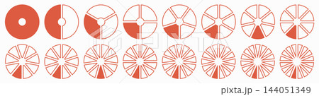 Wheel life round divided red flat diagrams segments. Circle division on from 1 to 16 equal parts. Blank infographic progress icons. Coaching simple tool. Segmented pinwheels layouts. 144051349