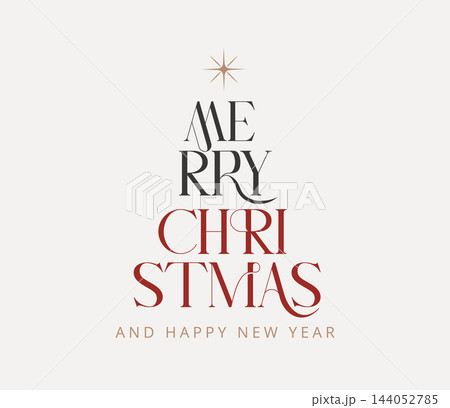 Christmas tree shaped Merry Christmas and Happy New Year typography with festive star. Elegant Christmas tree shaped Merry Christmas and Happy New Year typography with festive star. Elegant 144052785