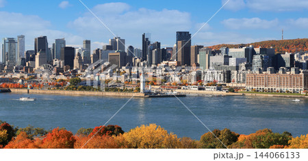 Aerial Panoramic view of Montreal skyline during the morning with Saint Lawrence River on the foreground, Canada Aerial Panoramic view of Montreal skyline during the morning with Saint Lawrence River on the foreground, Canada 144066133