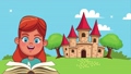 little student girl reading book in the camp with castle animated character 67957044