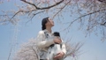 赤ちゃんを抱っこして桜を見る女性 71443299