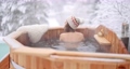 Woman relaxing in hot bath at snowy mountains 85628469