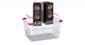 Musical speakers adding to shopping basket, 3d animation. 3D rendering 87662765