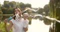 Happy mother blowing soap bubbles with kid 87892832
