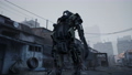 A high-tech robot walks through the slums of the old city. Slums and abandoned shacks in a deserted city. High-rise old buildings. The animation is perfect for apocalyptic and sci-fi backgrounds. 89786935