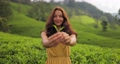 Traveler Woman With Tea Leaf in Hand During Her Travel to Famous Nature Landmark Tea Plantations  93869983