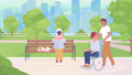Animated people in park illustration. Man pushing friend wheelchair. Old woman reading newspaper. Looped flat color 2D cartoon characters animation video in HD with garden on transparent background 96300729