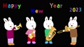 令和五年の新年の挨拶の動画素材。ウサギが新年を祝って歌を歌ったり楽器を演奏したりしている。 97111780